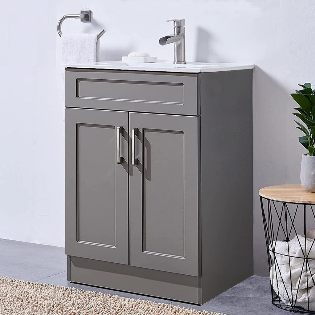 Gray 24 Inch Bathroom Vanity with Sink and White Ceramic Vessel Basin Top E6754