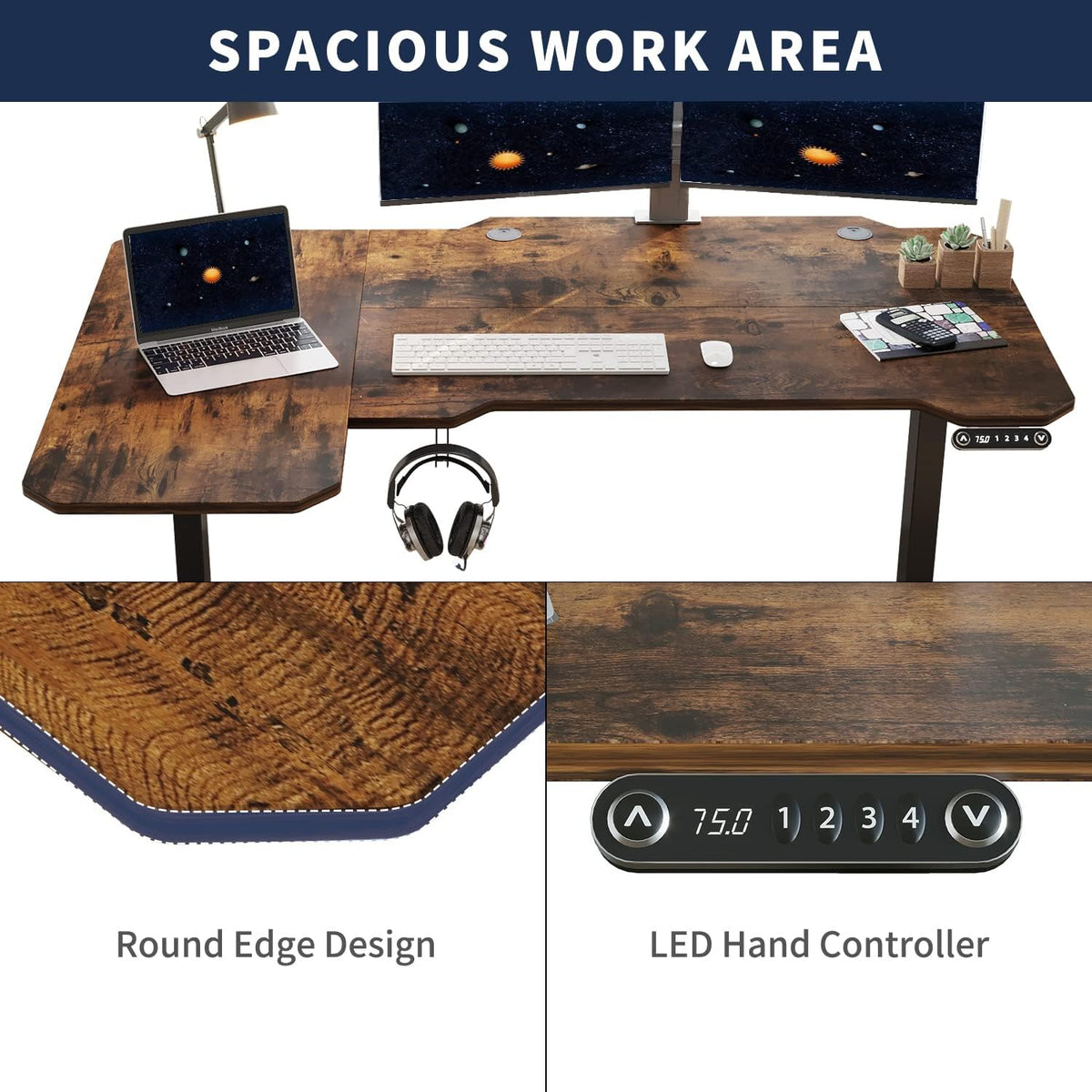 L Shaped Electric Height Adjustable Standing Desk with Black Frame & Rustic Brown Top A5892