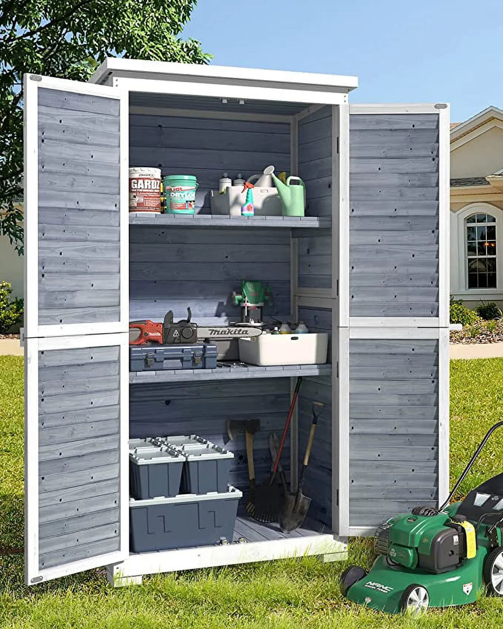 Gray Outdoor Storage Cabinet with Asphalt Roof N363407