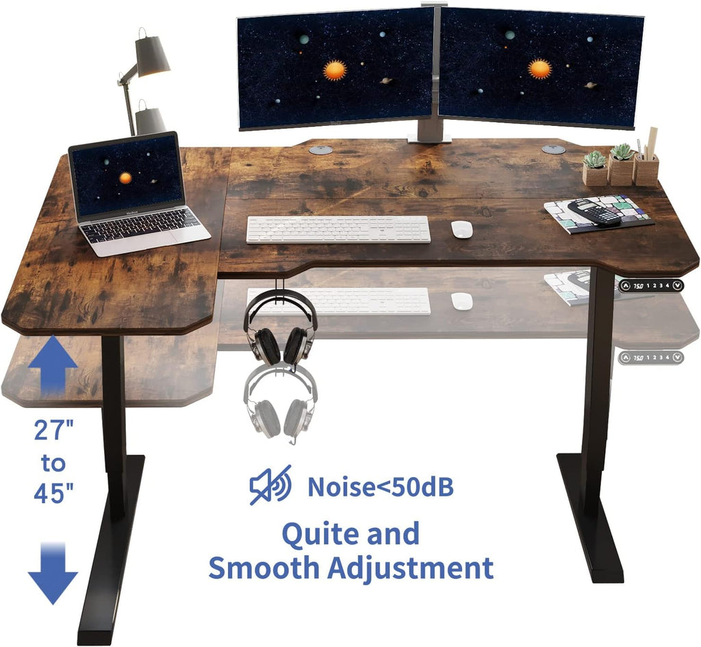 L Shaped Electric Height Adjustable Standing Desk with Black Frame & Rustic Brown Top A5892