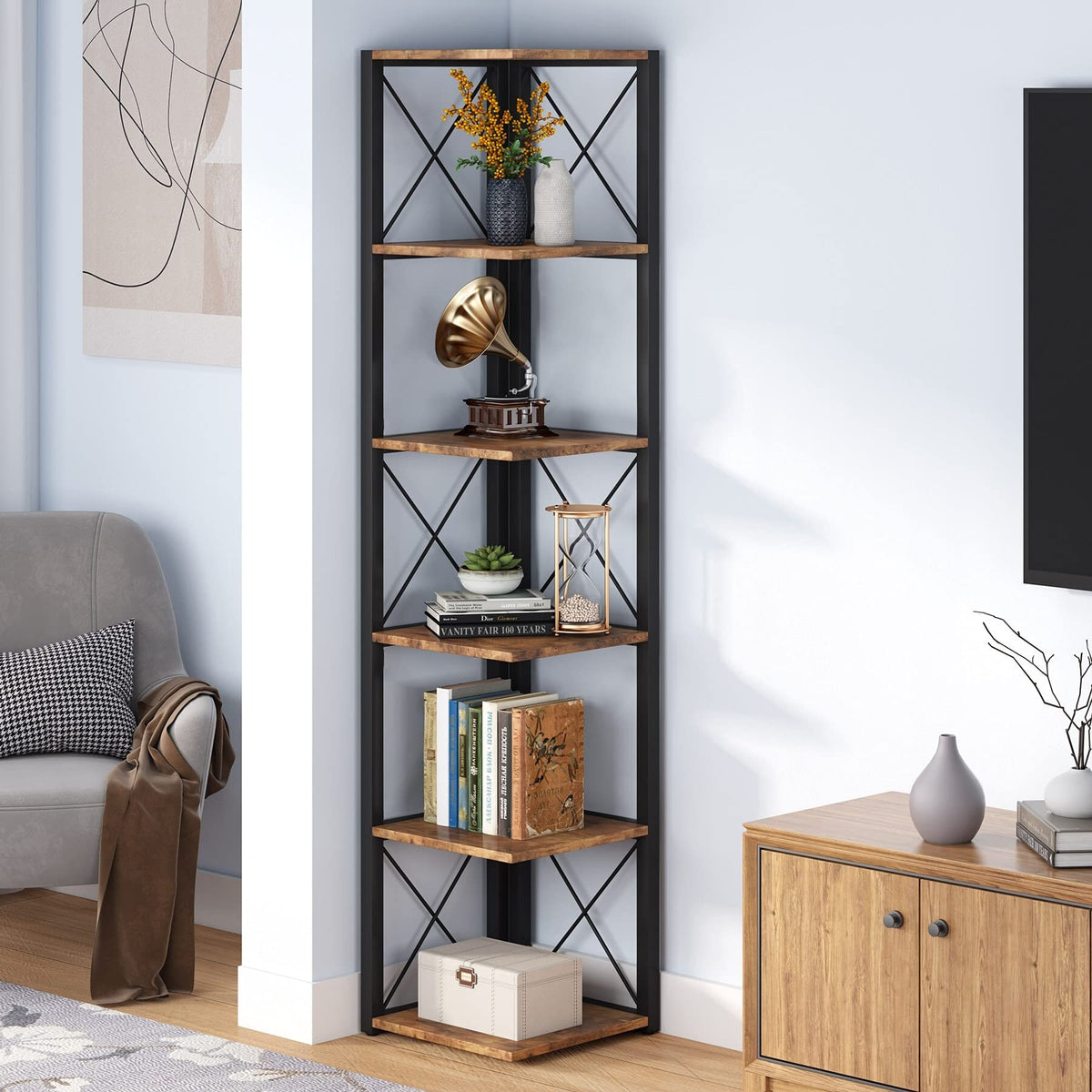 70.8 Inch Tall Brown 6-Tier Corner Bookcase Y1290