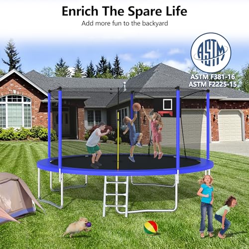 12FT 14FT 15FT 16FT Trampoline with Basketball Hoop, Ladder and Safety Enclosure Net P10873