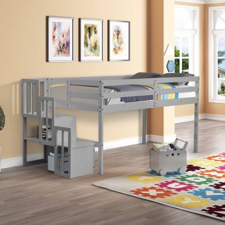 Twin Size Wood Loft Bed with Staircase K390847