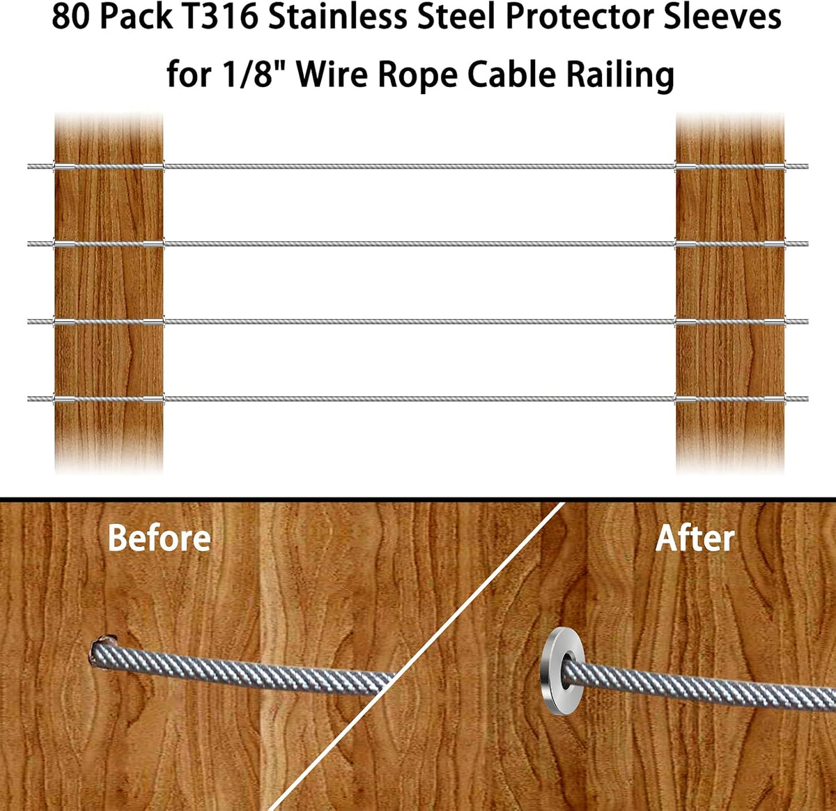 80 Pack T316 Stainless Steel Protector Sleeves for 1/8 Inch Wire Rope Cable Railing N87232