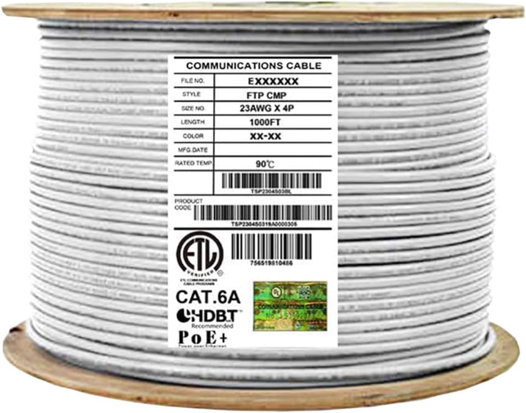 Cat6A Shielded Plenum 1000ft FTP 23AWG Solid Pure Copper Ethernet Cable Reel Blue A857