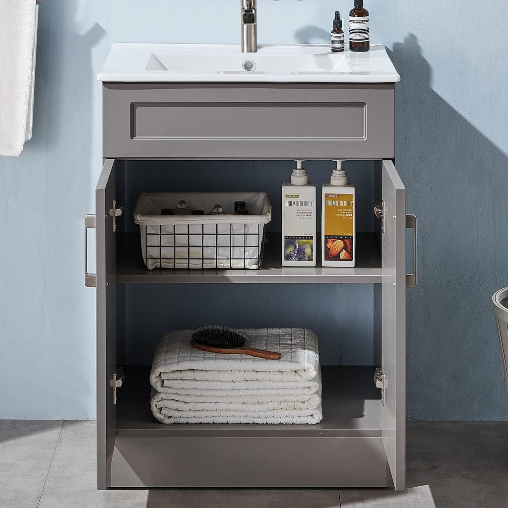 Gray 24 Inch Bathroom Vanity with Sink and White Ceramic Vessel Basin Top E6754