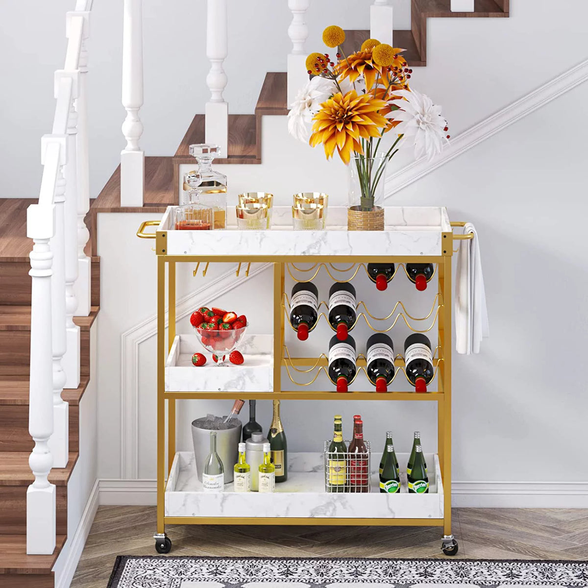 Gold Bar Cart with 12 Bottle Wine Rack K73909