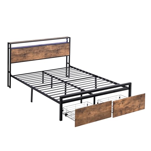 Full Size Metal Platform Bed with Storage Headboard and 2 Drawers Q8593