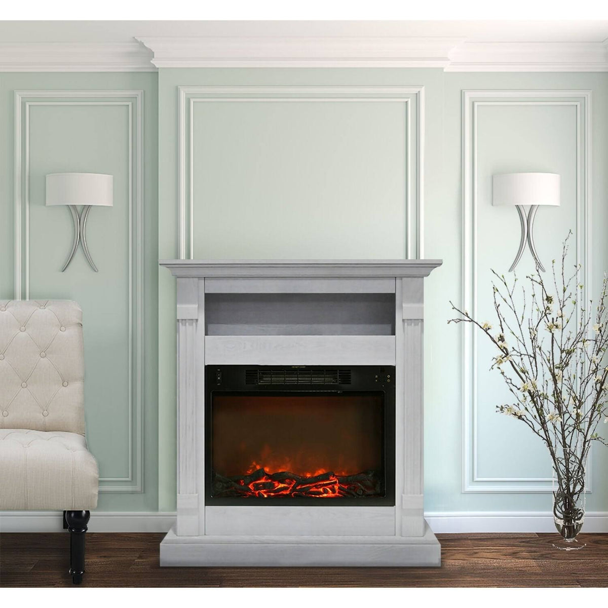 White Fireplace Mantel with Electronic Fireplace Insert O846557