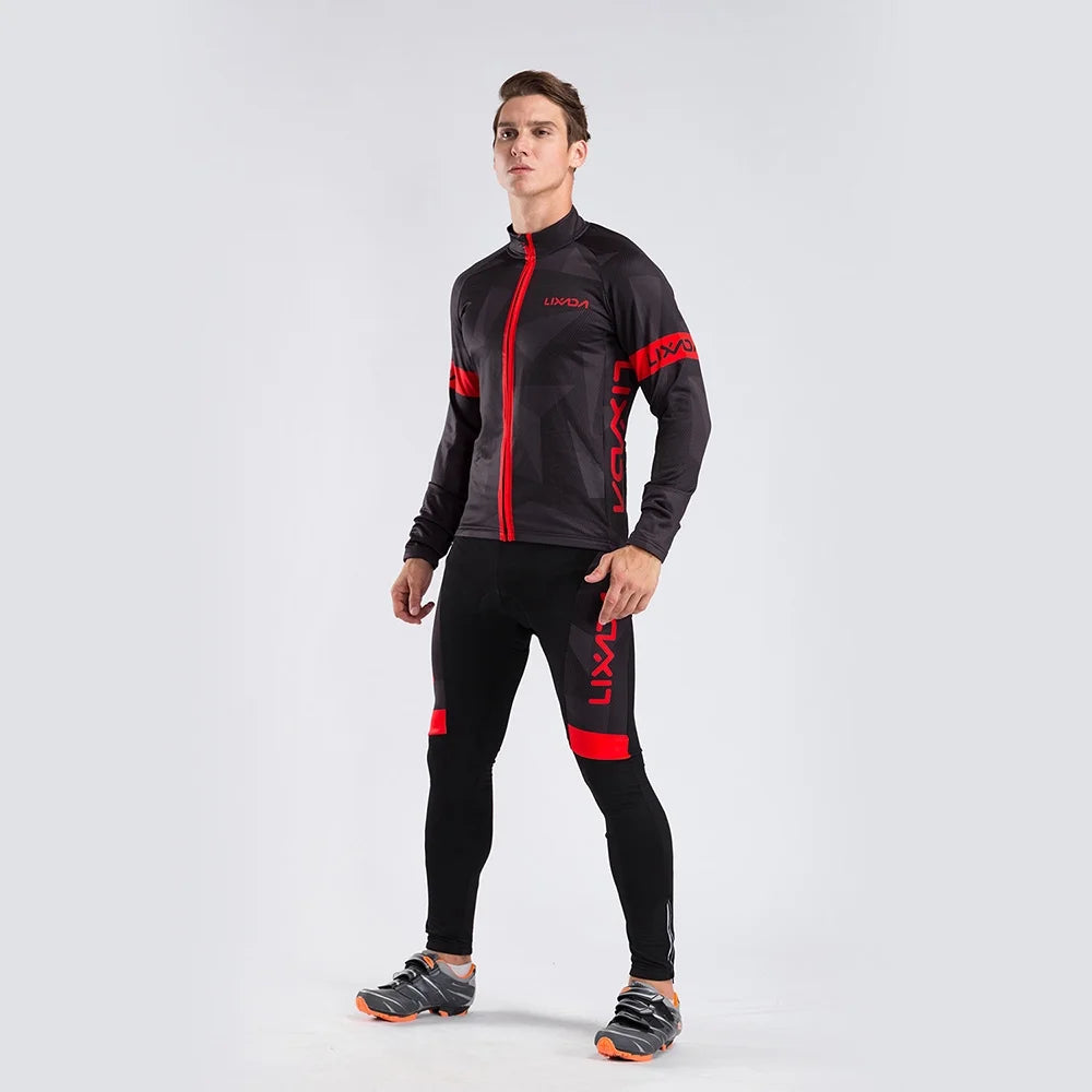 Men's Thermal Fleece Cycling Clothing Set - Long Sleeve Jacket & Windproof Padded Pants Z849