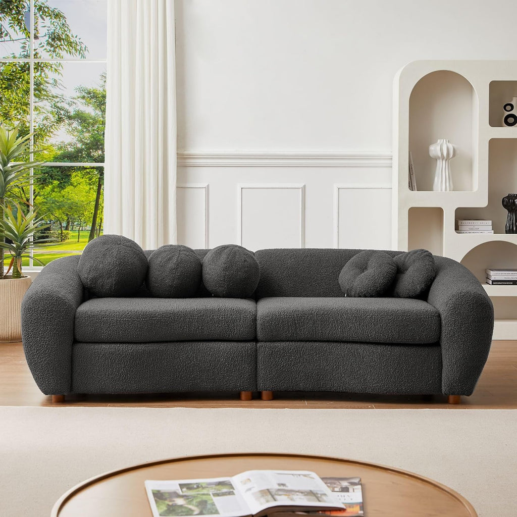 Grey Teddy Fabric 3 Seater Sofa with 5 Throw Pillows S275780