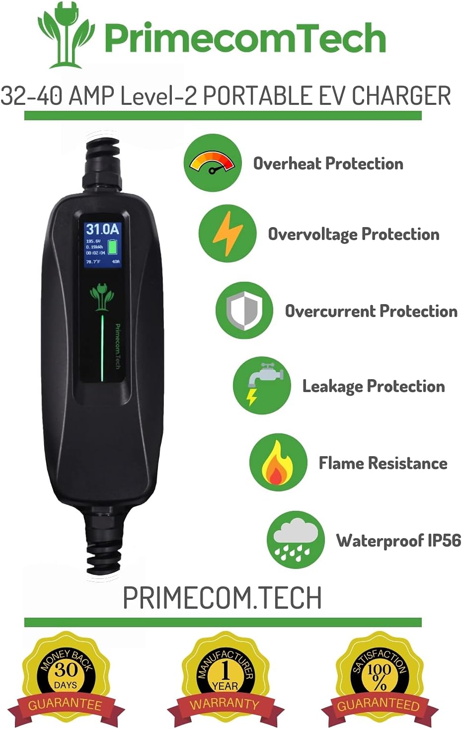 30 Feet Level 2 Electric Vehicle Charger 40 Amp T8448
