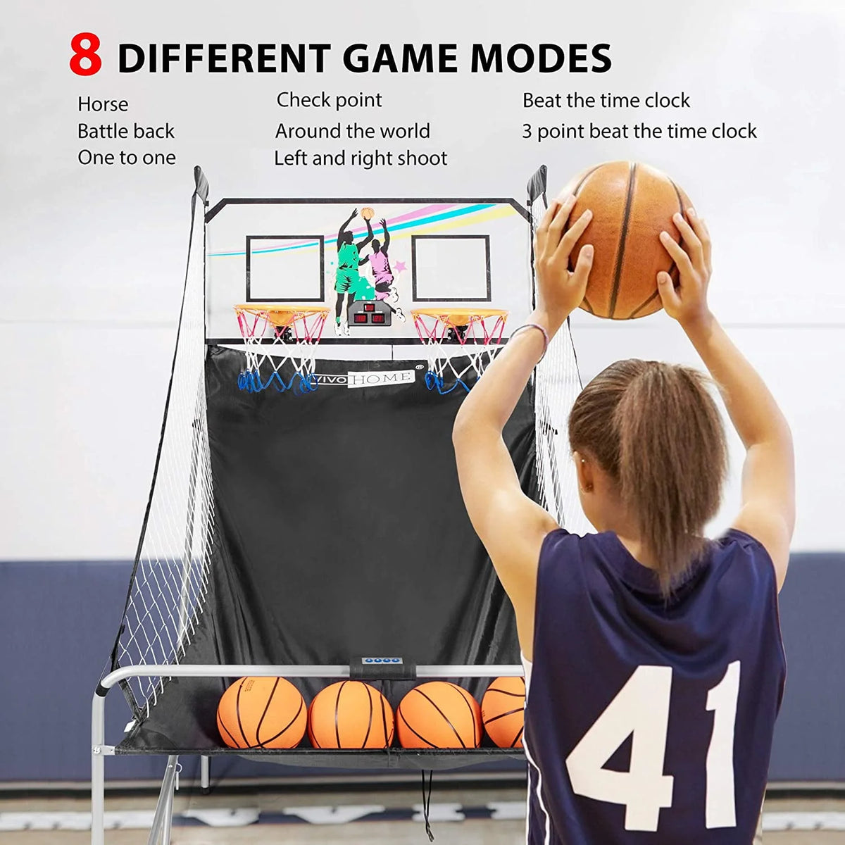 Foldable Arcade Basketball Game with 4 Balls and LED Scoring System I419084