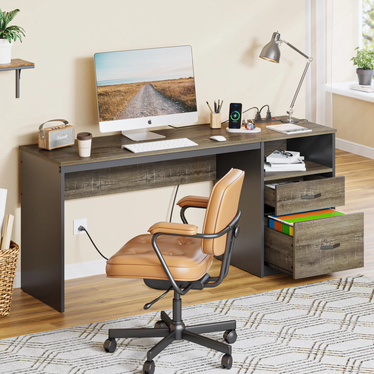 60" Gray Computer Desk with Drawers Q77615