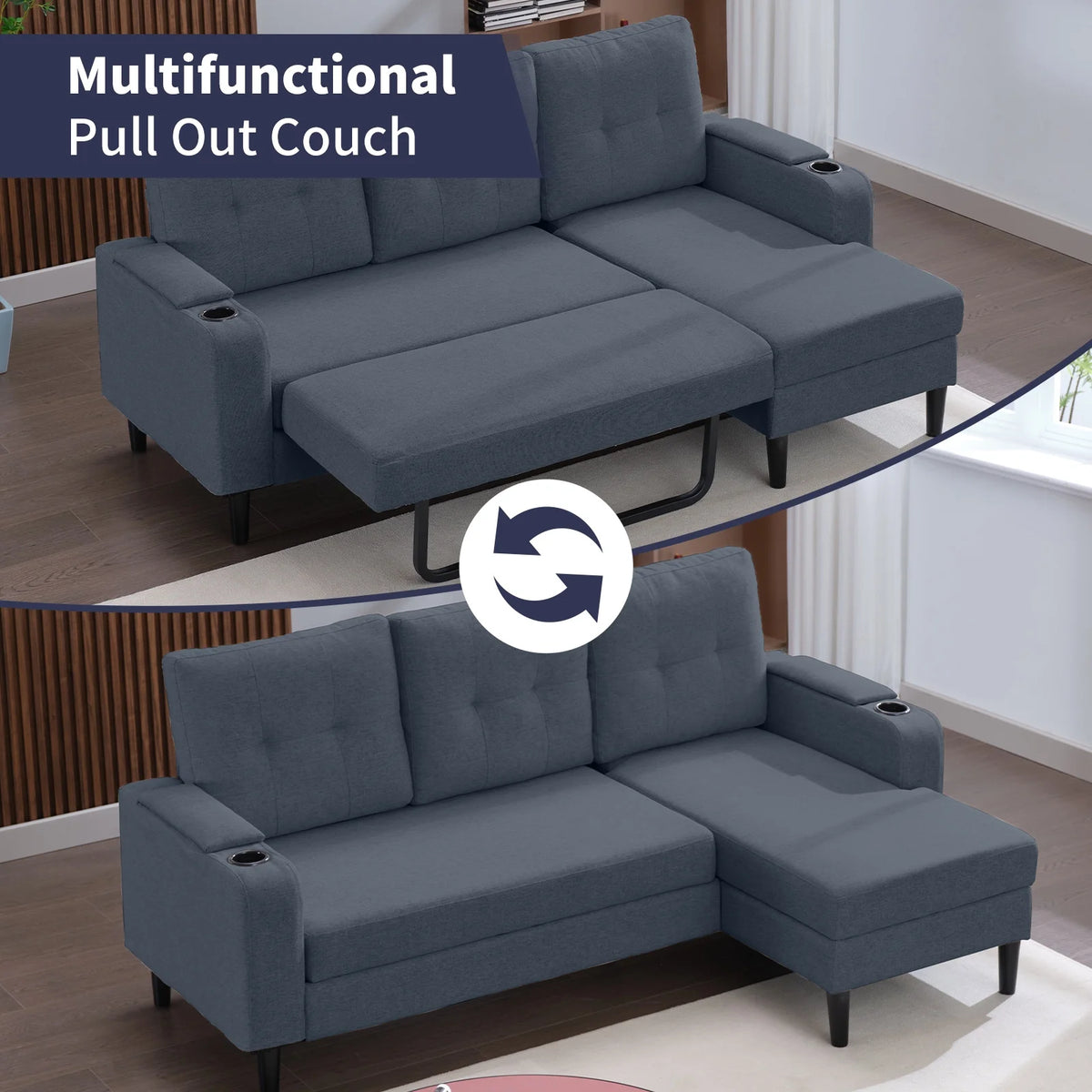 Dark Grey L-Shape Sleeper Sofa with Storage Armrest X6623