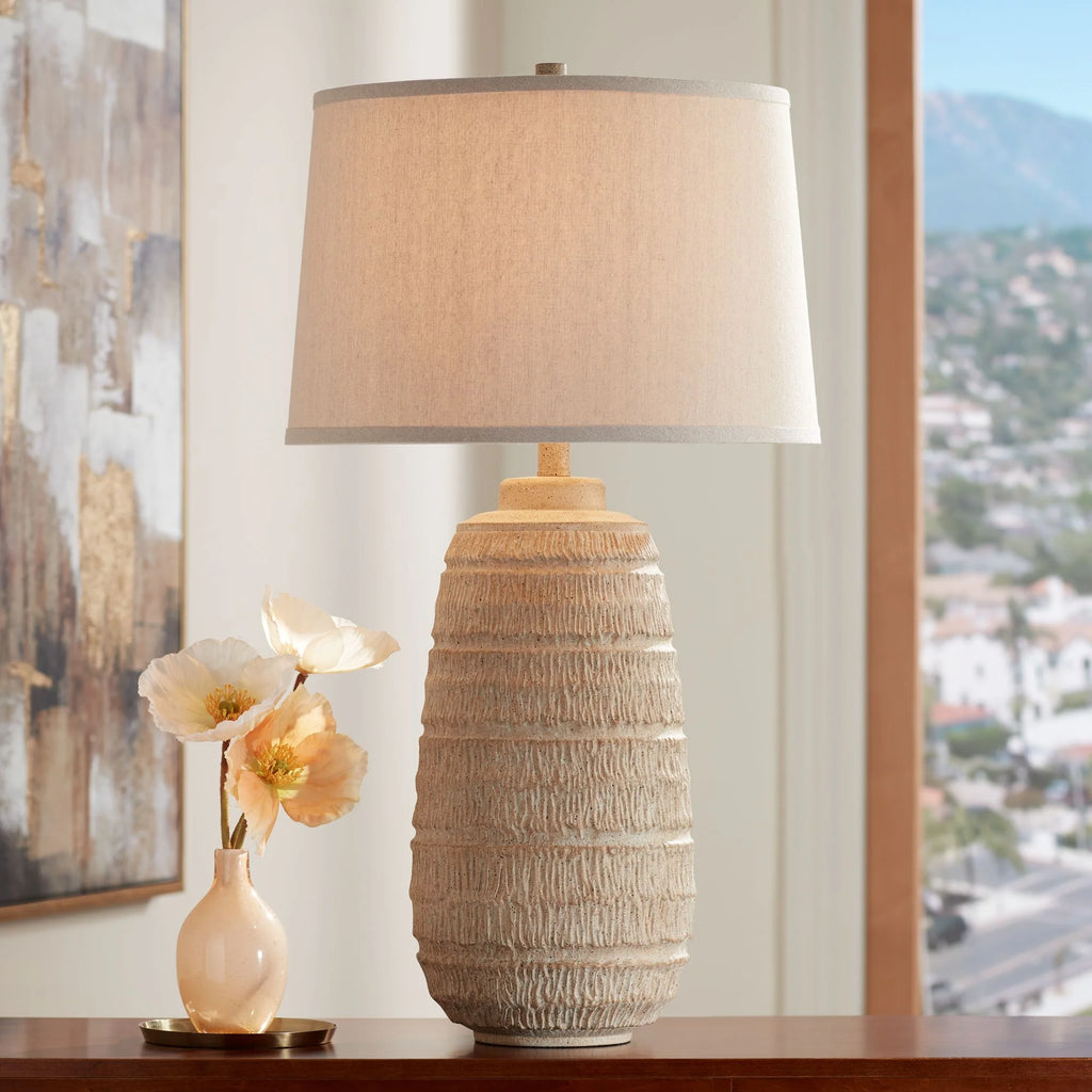 Farmhouse Rustic End Table Lamp Beige Faux Wood Oatmeal Fabric Shade W7921