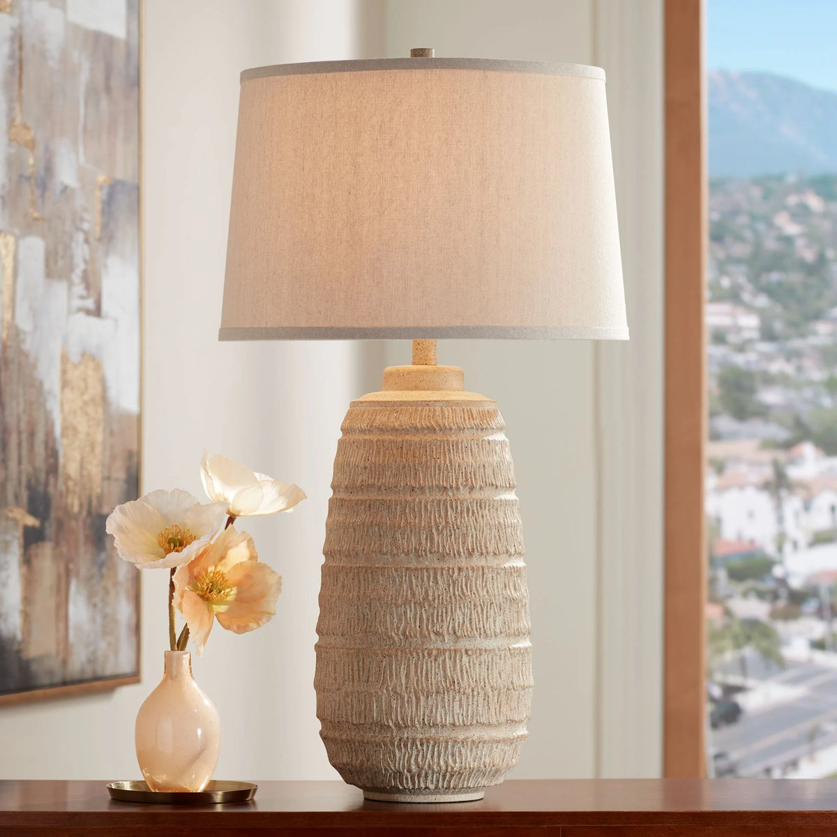 Farmhouse Rustic End Table Lamp Beige Faux Wood Oatmeal Fabric Shade W7921