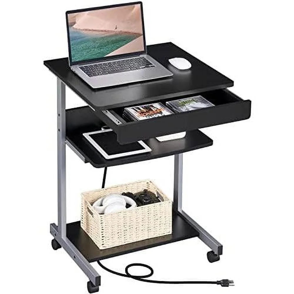 Black Mobile Laptop Desk On Wheels With Power Outlet And USB Ports K1691
