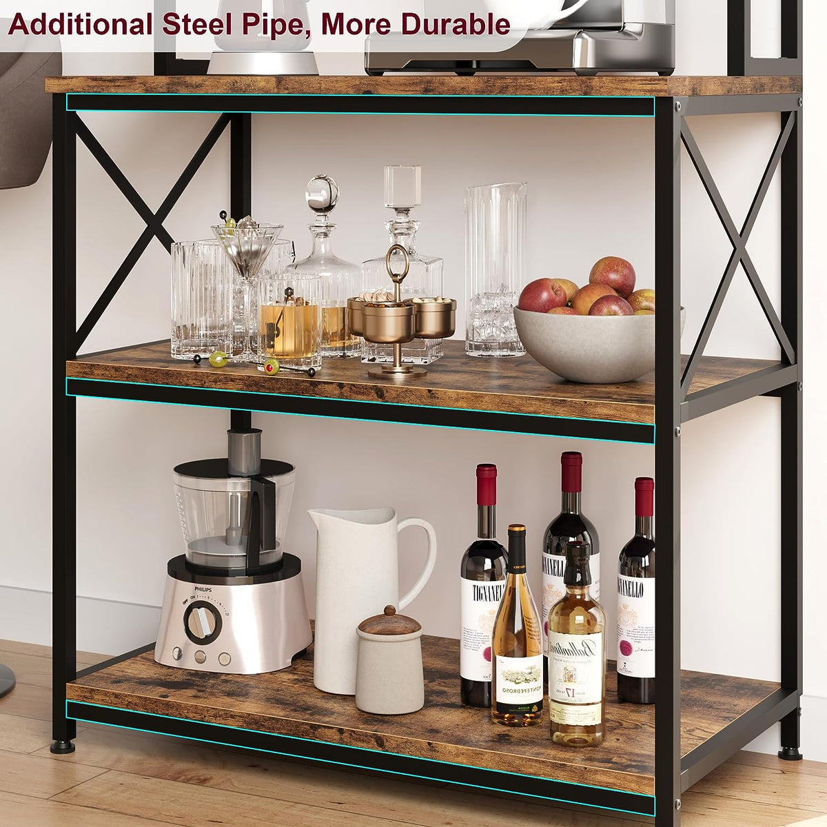 5-Tier Kitchen Utility Storage Shelf with 6 Hooks, Rustic Brown E66994