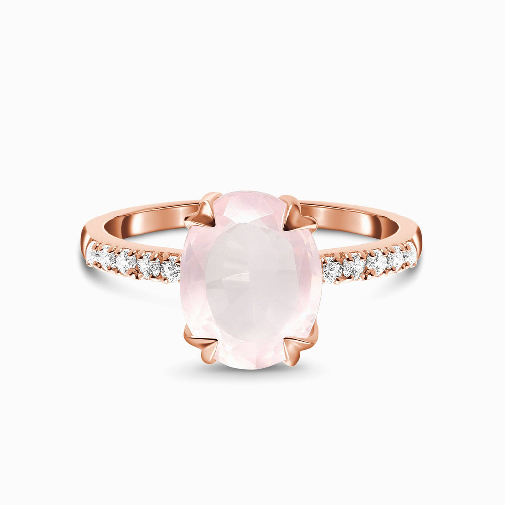Oval-cut Rose Quartz Ring with 10 White Topaz Gems 14kt Rose Gold Vermeil Half Eternity Settings Size 9 V9804