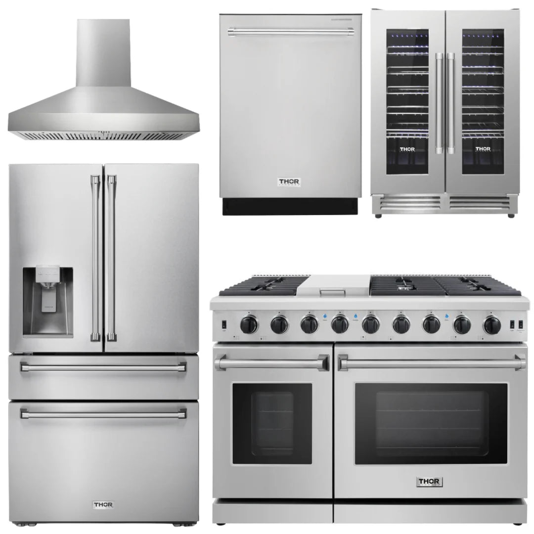 48 Gas Range, Range Hood, Refrigerator with Water and Ice Dispenser, Dishwasher, Wine Cooler Z399966