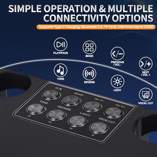 Black Portable Bluetooth Karaoke Machine with 6 Sound Effects and 4 Party Lights J7952