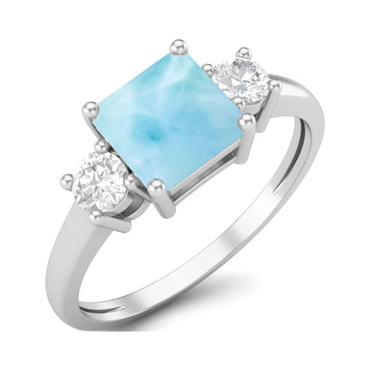 0.95 Ctw Princess Cut Square Larimar 925 Sterling Silver Trio Stone Ring J9083