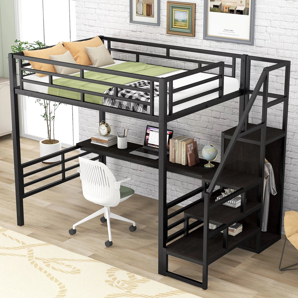 Full Size Black Metal Loft Bed with Storage Staircase and Desk B599636