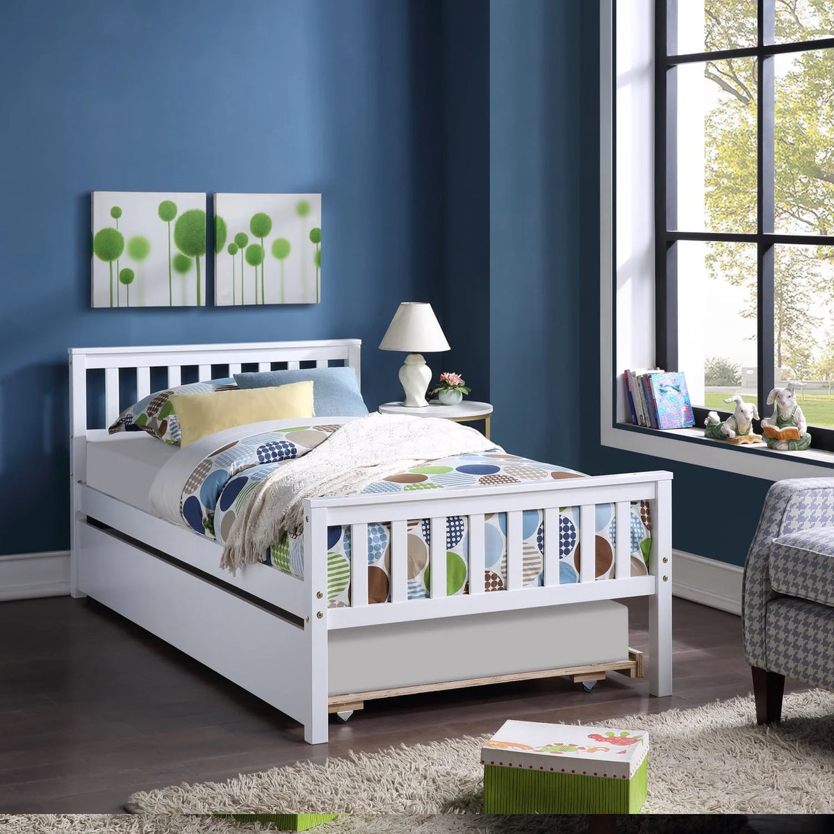 White Solid Pine Wood Twin Platform Bed with Trundle and Headboard Y5496