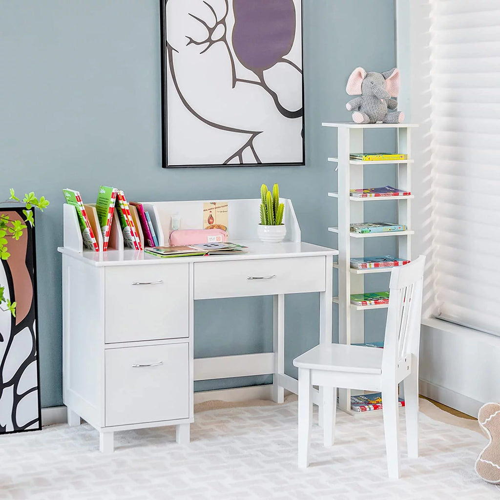 Kids Wooden Desk and Chair Set with Drawer & Storage Cabinets T7432