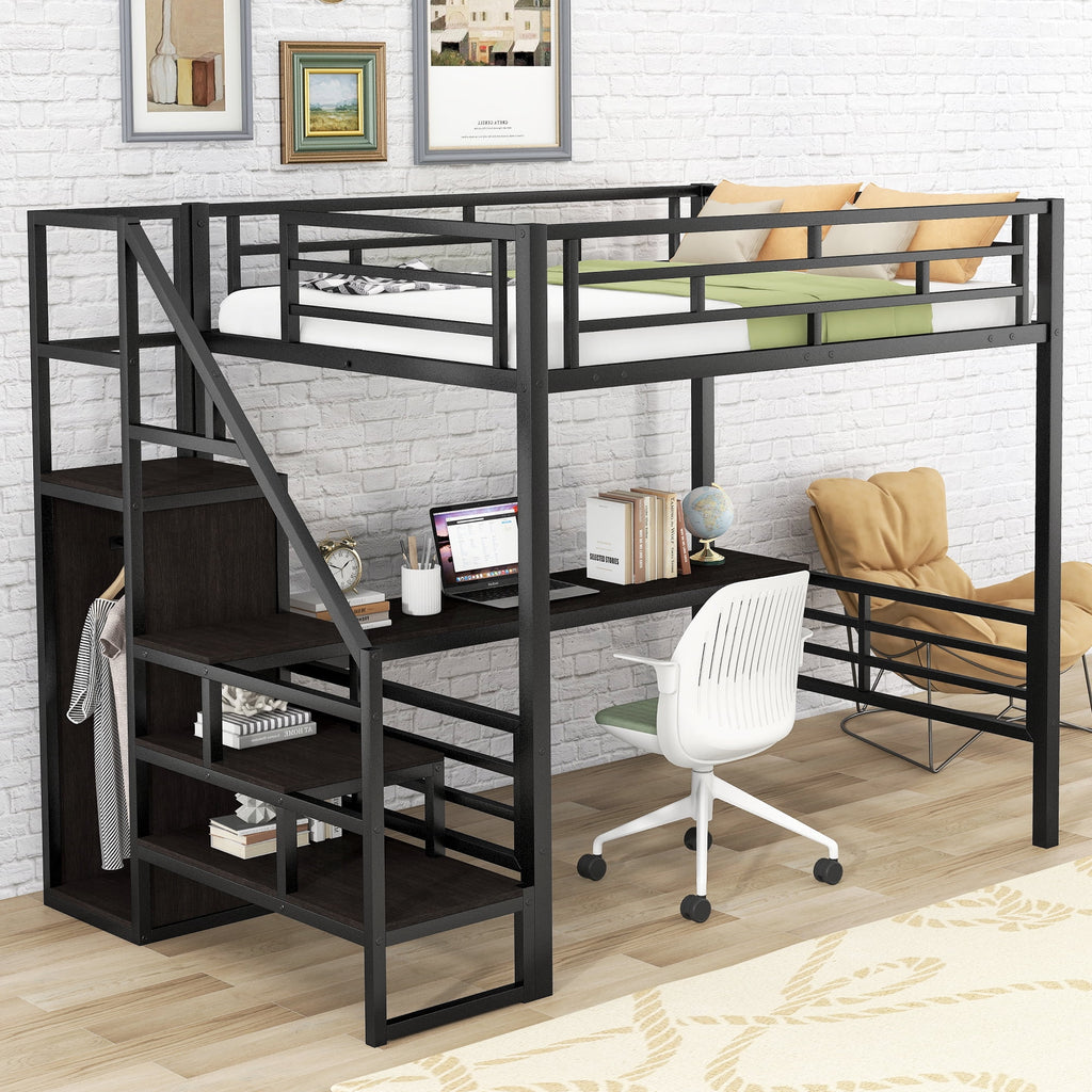 Full Size Black Metal Loft Bed with Storage Staircase and Desk B599636