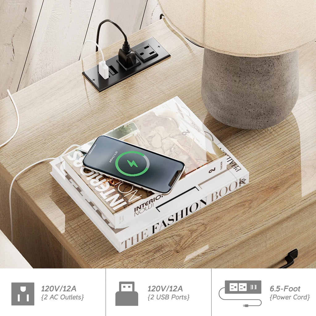 Light Rustic Oak Nightstand with Charging Station and 2 Drawers W69888