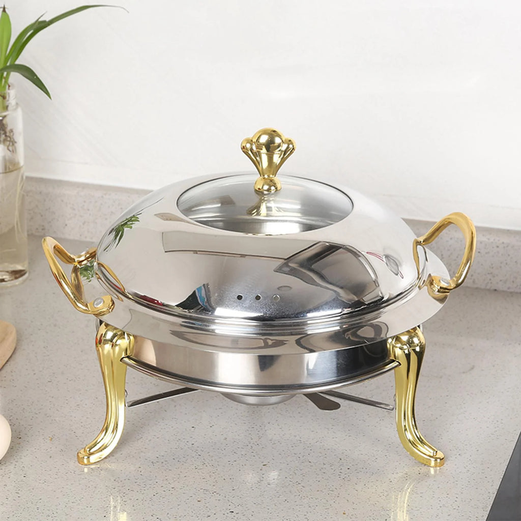 Stainless Steel Round Food Warmer with Glass Viewing Lid and Fuel Holder V5726