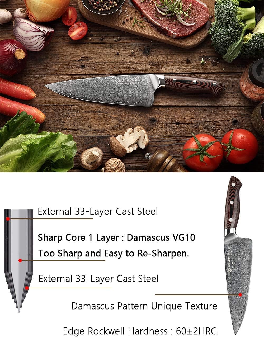 Damascus Chef Knife 8 Inch VG10 High Carbon Stainless Steel Knife D601470