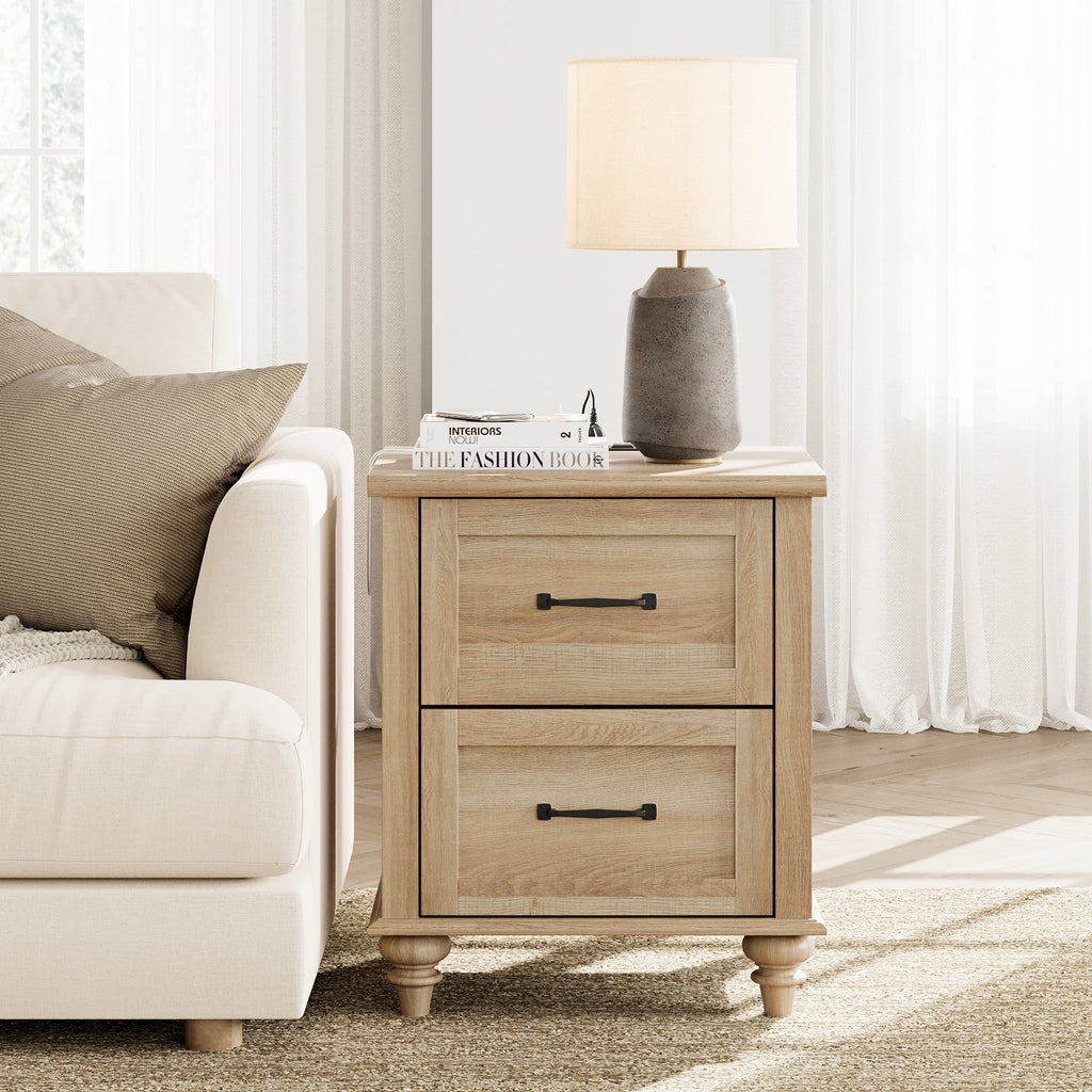Light Rustic Oak Nightstand with Charging Station and 2 Drawers W69888