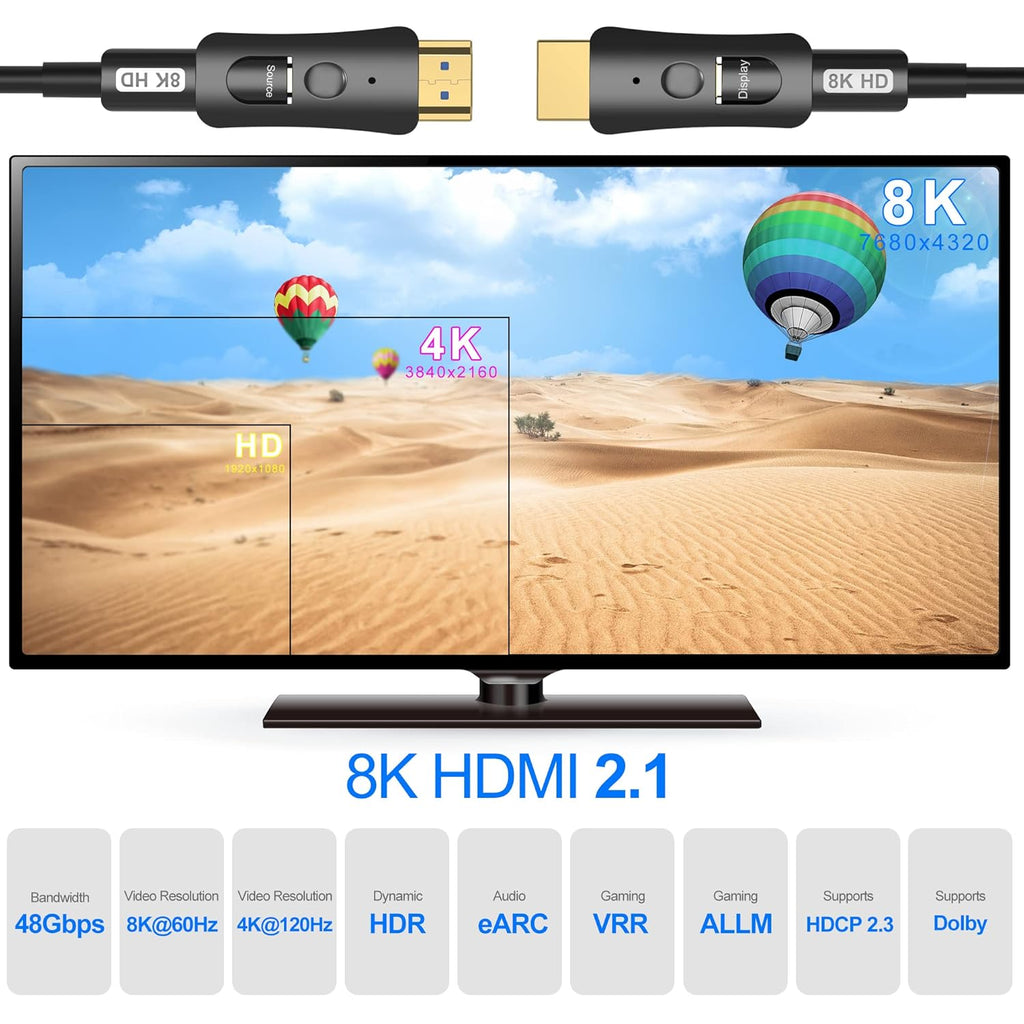 8K Fiber Optic HDMI Cable 100ft with Dual Micro HDMI and Standard HDMI Connectors V100