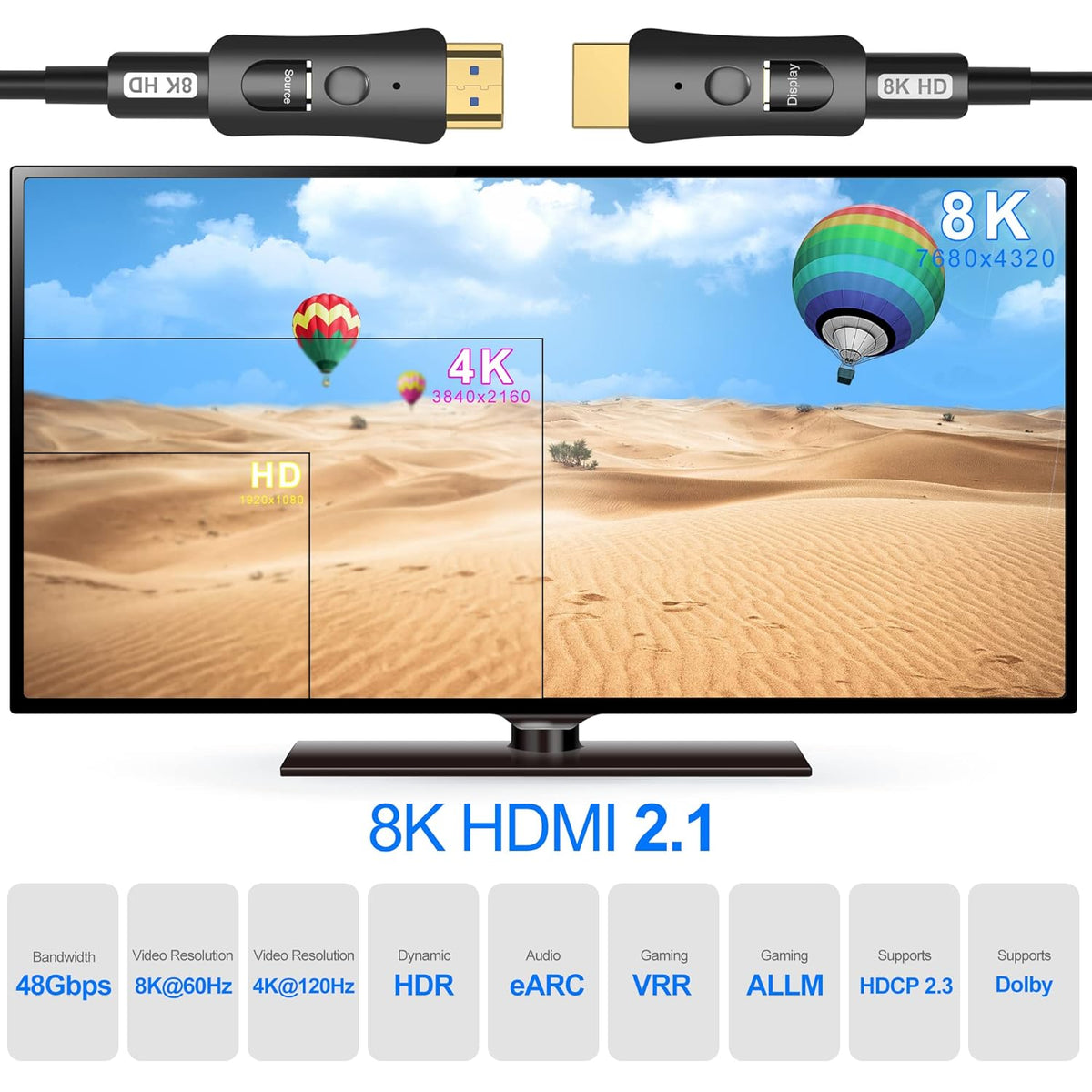 8K Fiber Optic HDMI Cable 100ft with Dual Micro HDMI and Standard HDMI Connectors V100