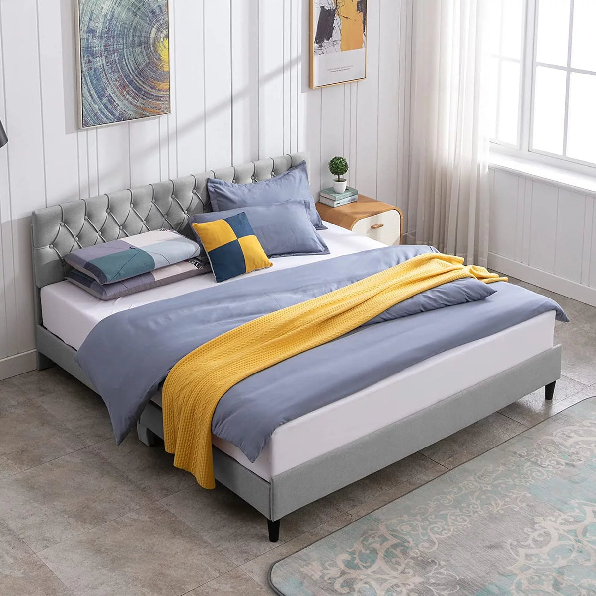 King Size Upholstered Linen Platform Bed Frame with Tufted Headboard I5016