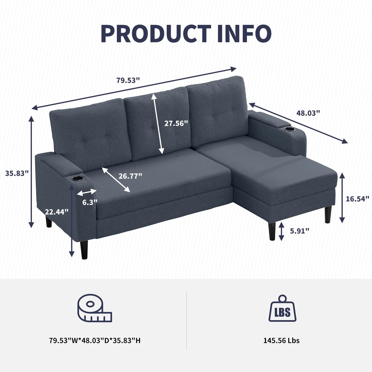 Dark Grey L-Shape Sleeper Sofa with Storage Armrest X6623