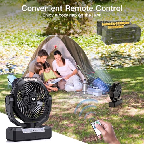 Portable Camping Fan with 4 Speeds, Light, Timer, Remote - Black F885436