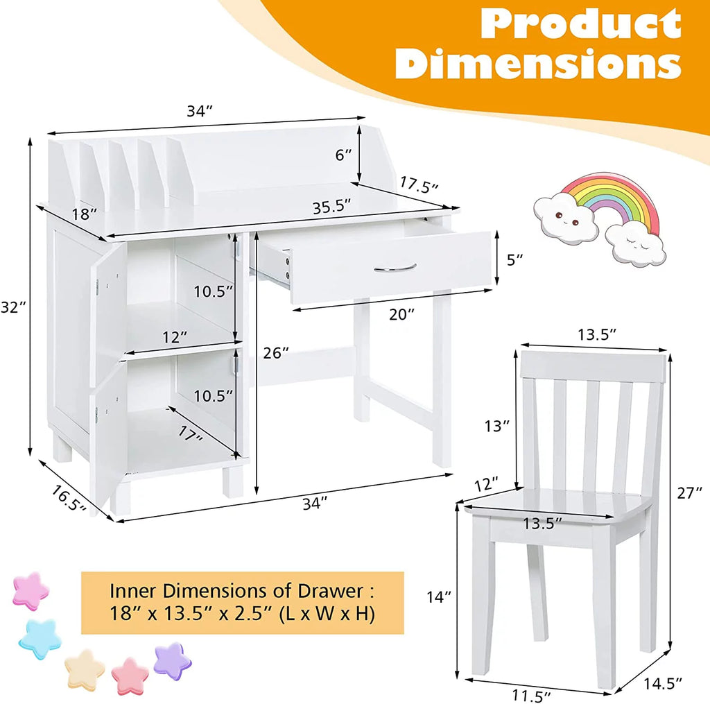 Kids Wooden Desk and Chair Set with Drawer & Storage Cabinets T7432