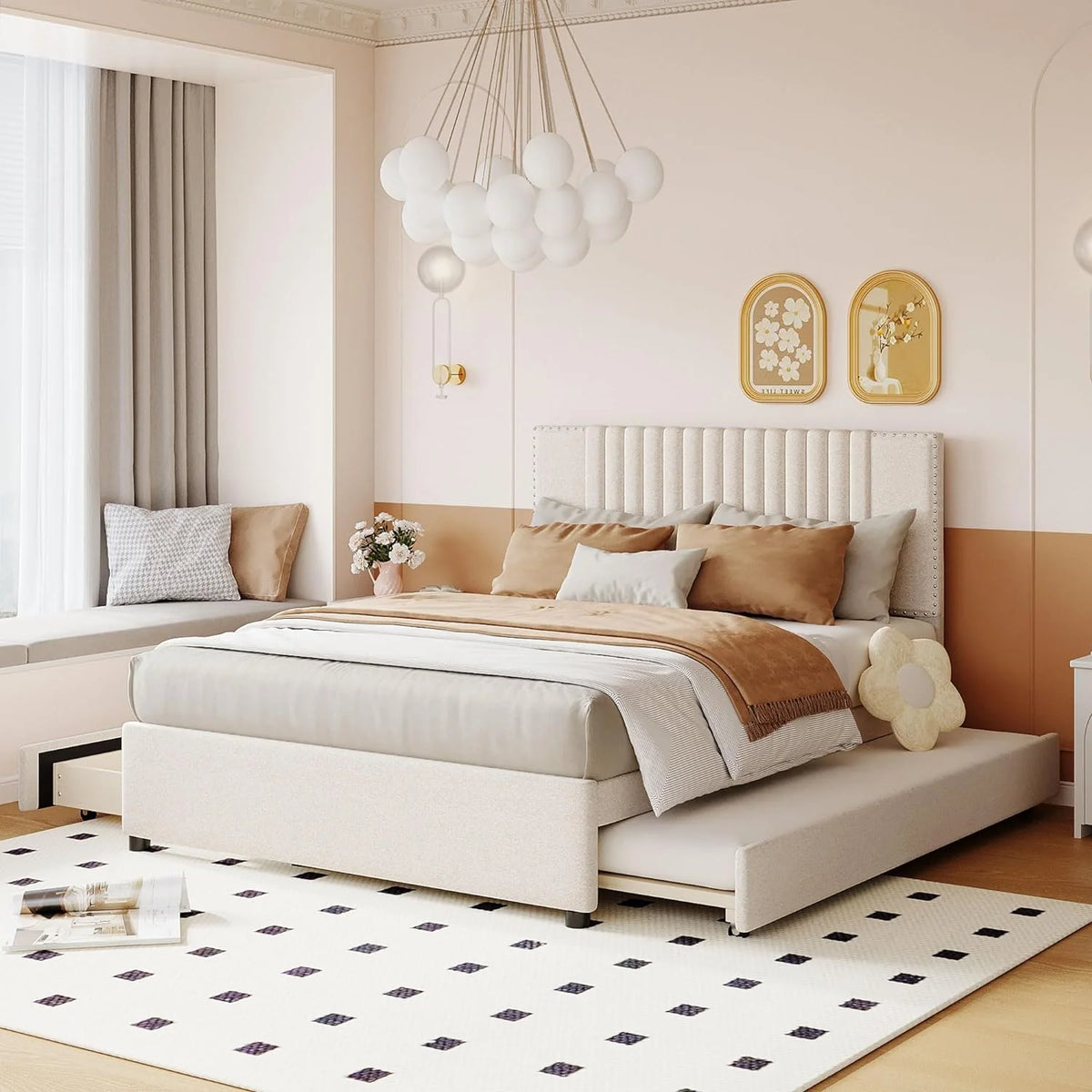 Beige Full Size Upholstered Platform Bed with 2 Drawers H9859