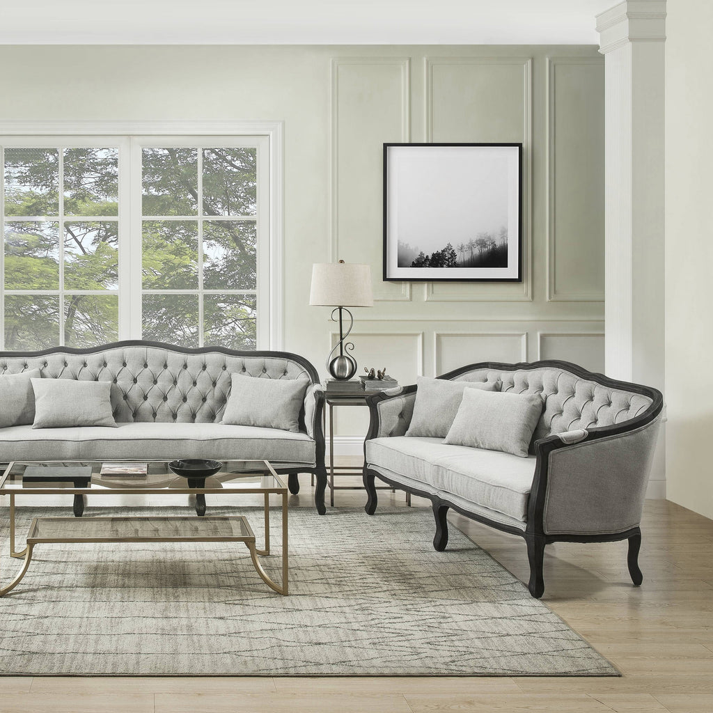 Linen Loveseat with Wooden Leg and 2 Pillows F89013