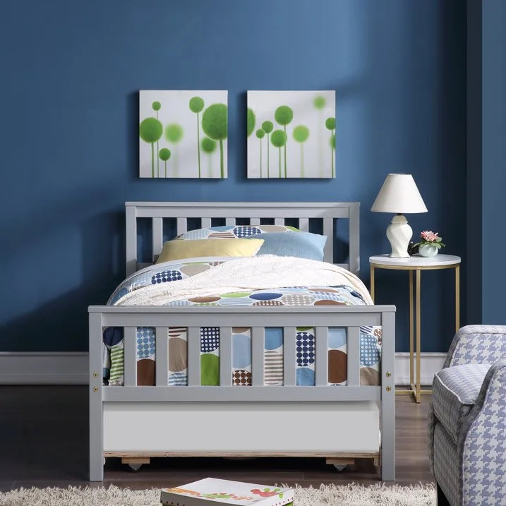 White Solid Pine Wood Twin Platform Bed with Trundle and Headboard Y5496