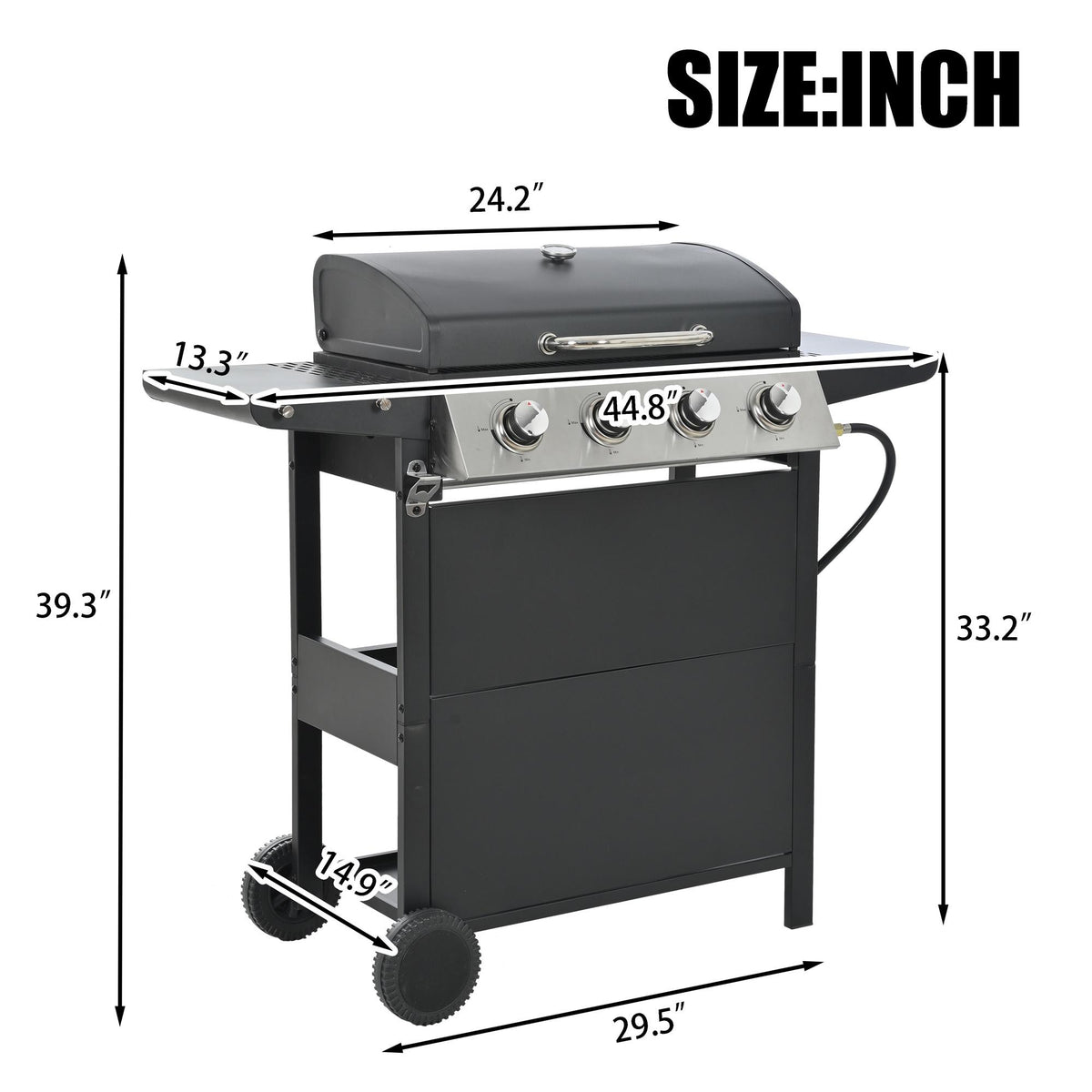 4 Burner Stainless Steel Propane Gas Grill with Side Burner and Thermometer V3323