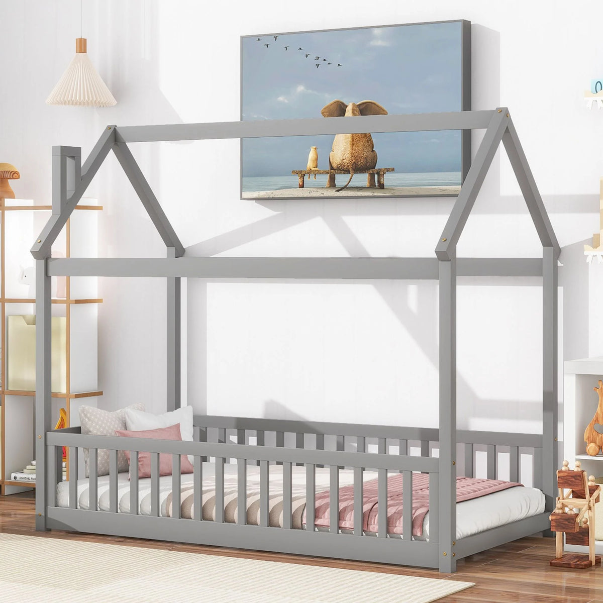 Twin Wood Platform Bed with Guardrails Y379883