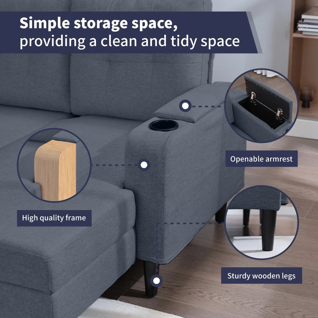 Dark Grey L-Shape Sleeper Sofa with Storage Armrest X6623