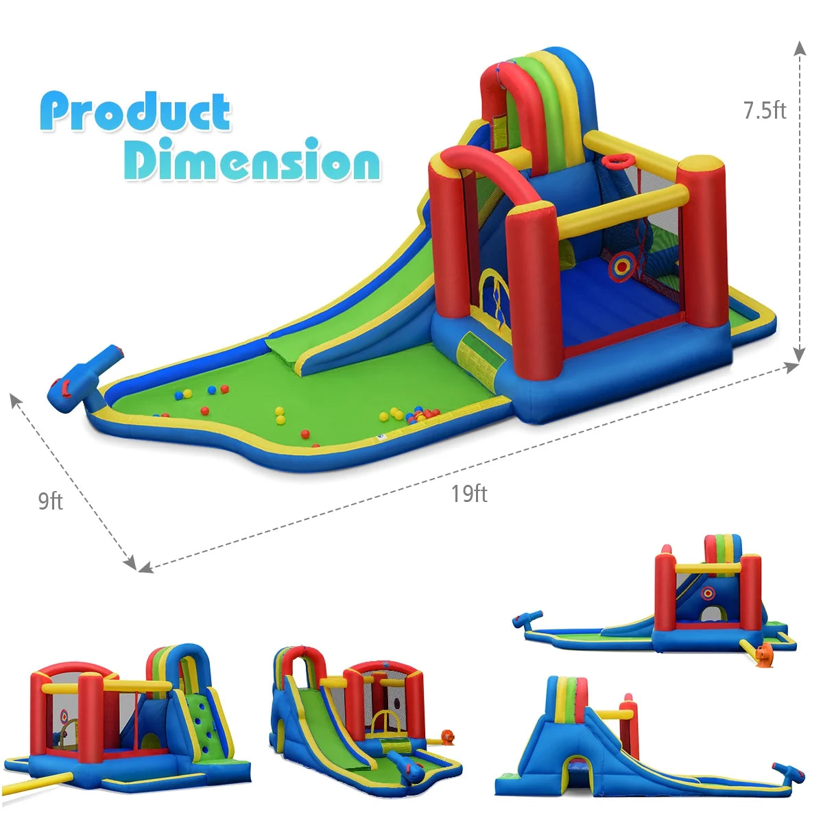 Inflatable Kid Bounce House Slide Climbing Splash Pool Castle with 750W Blower H53838