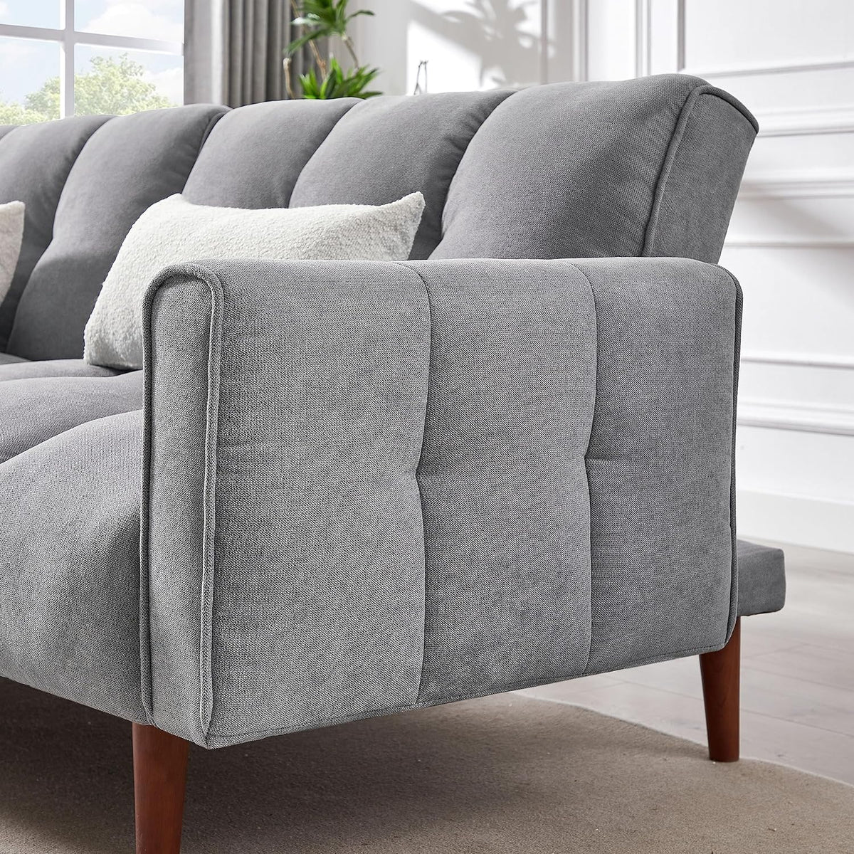 Grey Fabric Upholstered Futon Sofa Bed with Wooden Legs and 2 Pillows K554893