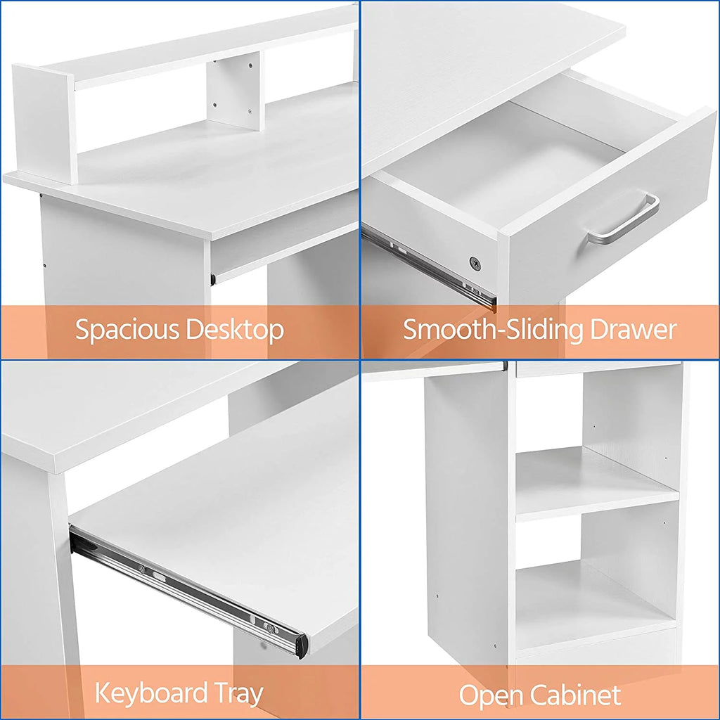 White Wood Computer Desk with Keyboard Tray and Drawers G400